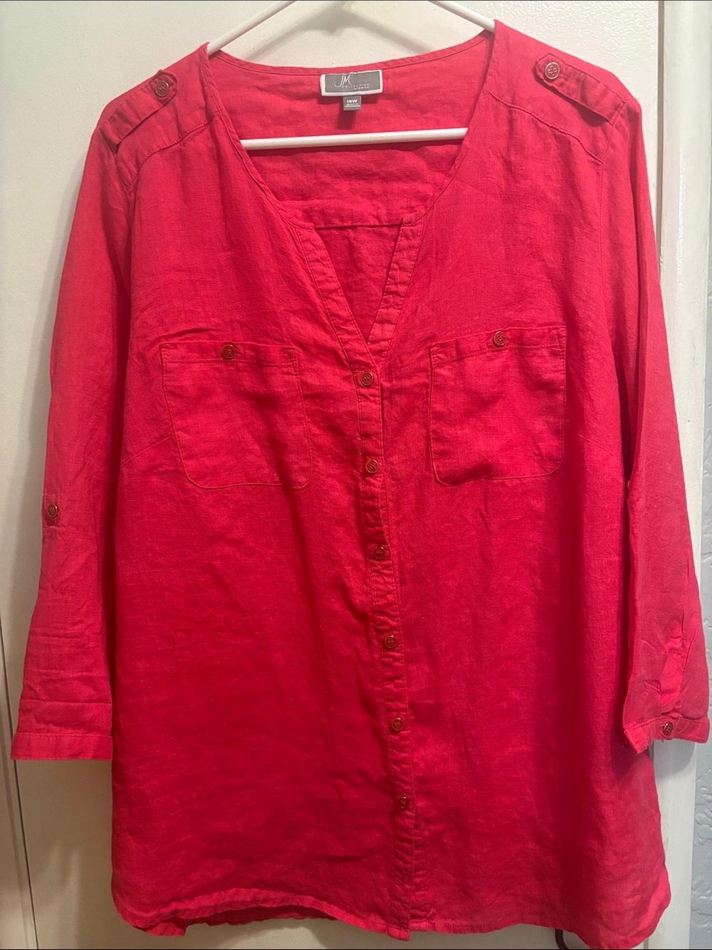 JM Collection Bright Pink Button-Front V-Neck Linen Tunic